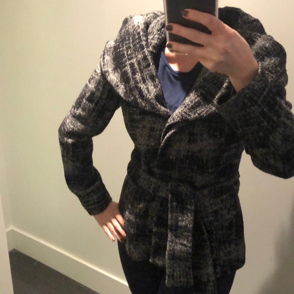 Zara Black and Gray Tweed Belted Pea Coat